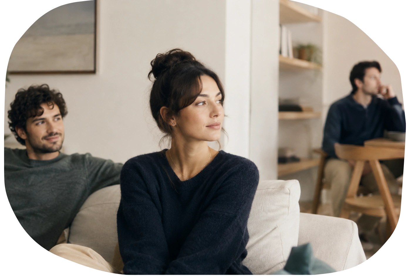 A thoughtful woman sits between two contrasting relationship dynamics, with one partner close and relaxed while another appears more distant, illustrating how attachment can feel different with different partners.