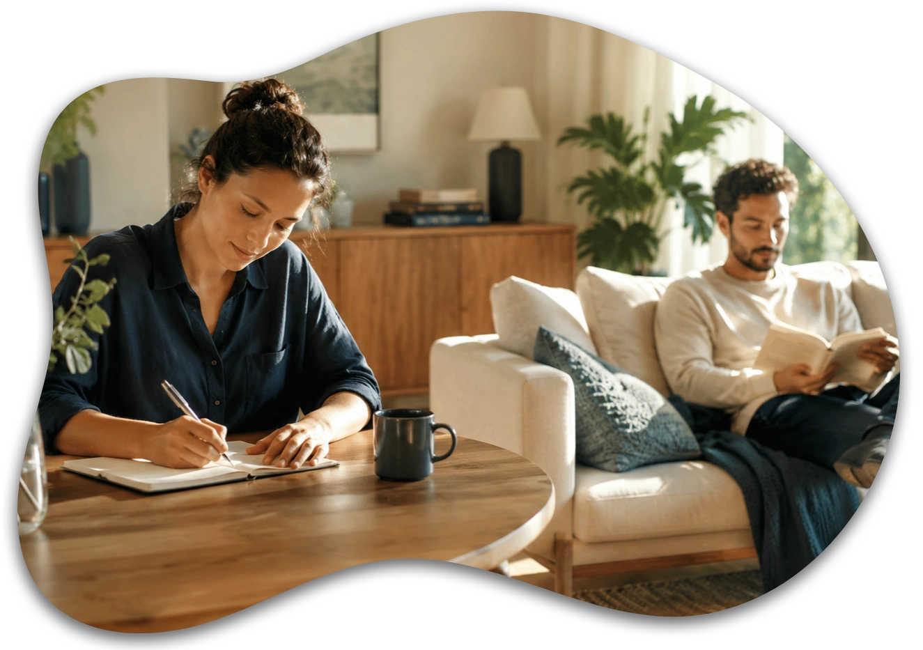 A couple enjoying separate activities while relaxing together in the same room.