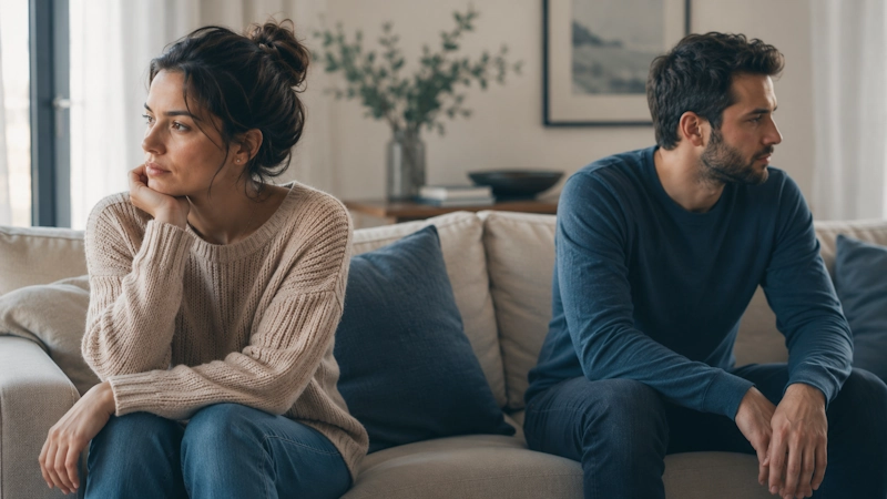 Couple sitting apart after a calm but difficult conversation