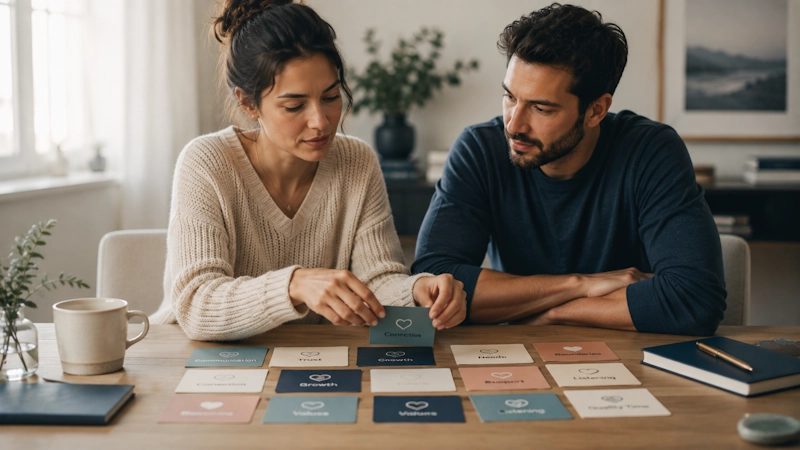 Editorial arrangement of cards or labels being rearranged