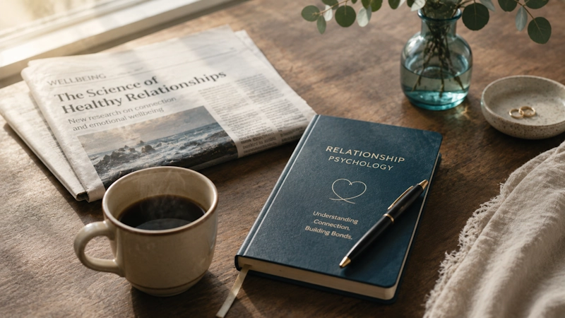 Newspaper, coffee and relationship psychology notebook