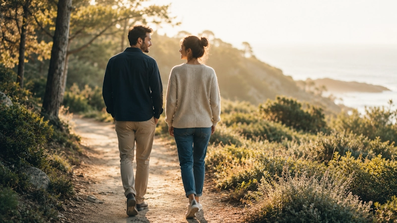 Couple walking forward together on a sunlit path