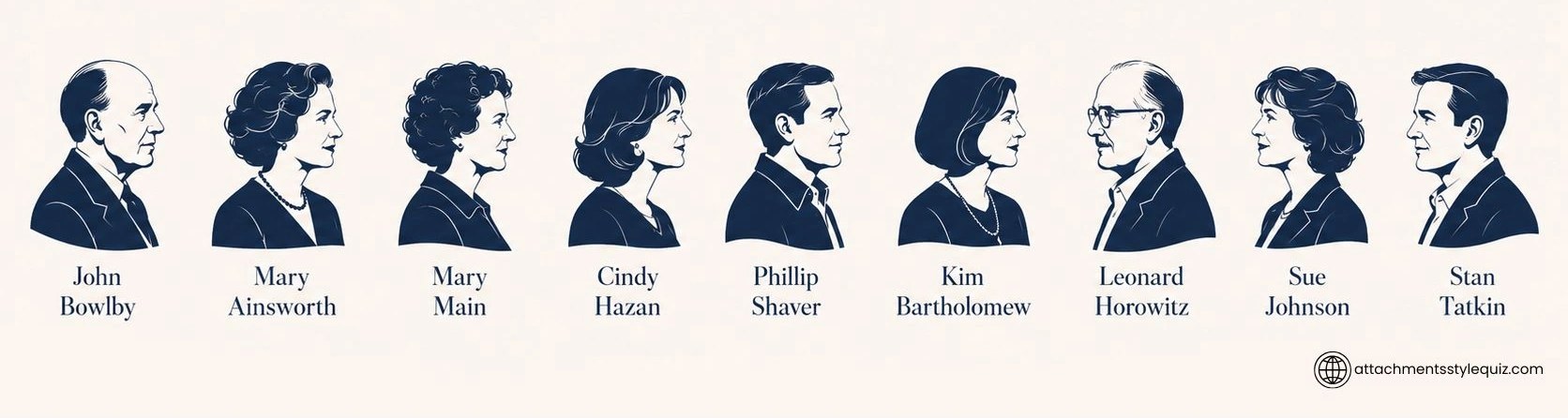 Portraits of the key researchers behind attachment theory: John Bowlby, Mary Ainsworth, Cindy Hazan, Phillip Shaver, Kim Bartholomew, Leonard Horowitz, Sue Johnson, and Stan Tatkin.